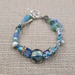 7 Inch Sterling Silver Handmade Pearl And Glass Bracelet B964